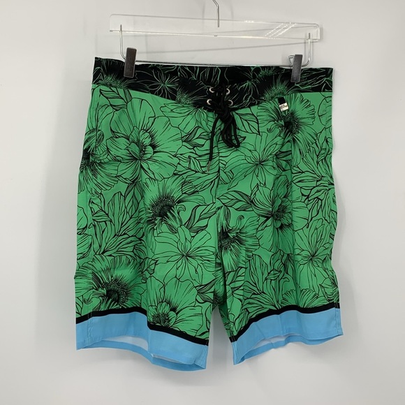 Agua Bendita Sati Tonka swim trunks shorts green floral pockets men new 38 XL - Picture 1 of 5